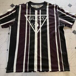 Guess Originals Striped T Shirt Mens M Black Burgundy Logo Tee
